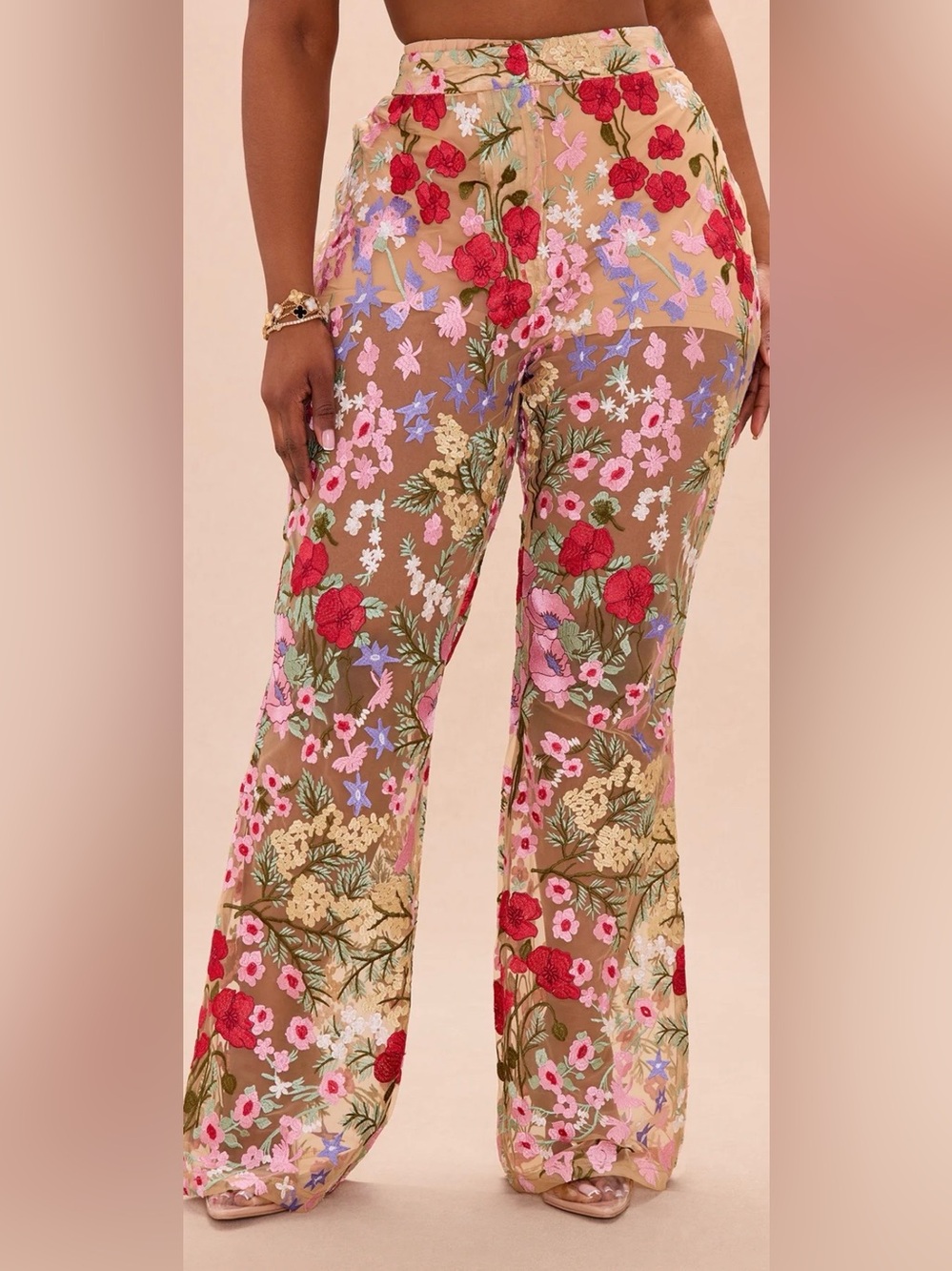 Fashion Nova Nude Sheer Embroidered Floral Suit Pants - Picture 5 of 9